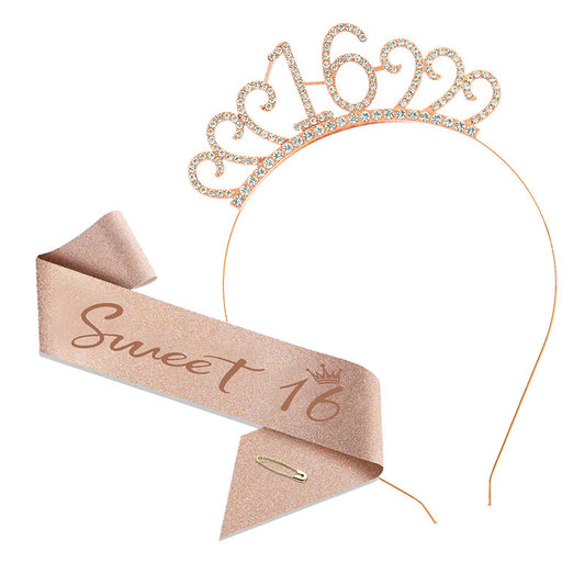 Sweet 16 Birthday Tiara Crown & Sash Set Girl Glitter Headband Party Prop Gift
