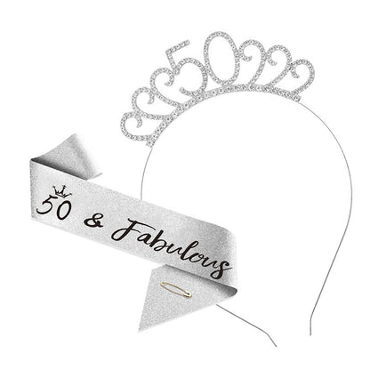 50th Birthday Girl Tiara Crown & Sash Set 50 & Fabulous Glitter Party Prop