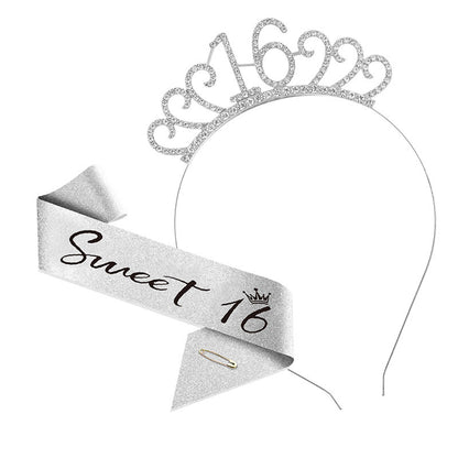 Sweet 16 Birthday Tiara Crown & Sash Set Girl Glitter Headband Party Prop Gift