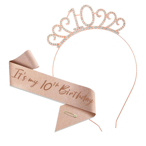 10th Birthday Girl Tiara Crown & Sash Set Glitter Party Headband Gift Prop
