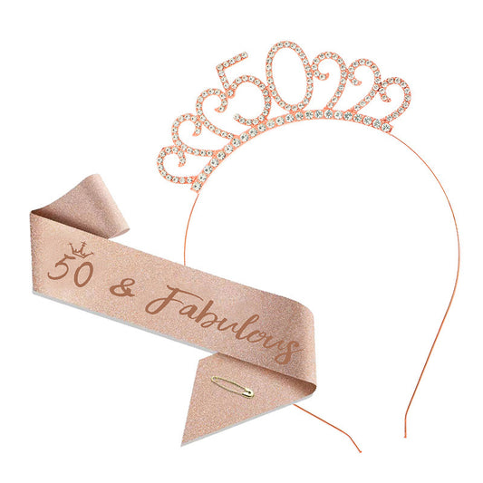 50th Birthday Girl Tiara Crown & Sash Set 50 & Fabulous Glitter Party Prop