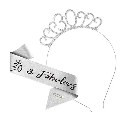 30th Birthday Girl Tiara Crown & Sash Set 30 & Fabulous Glitter Party Prop