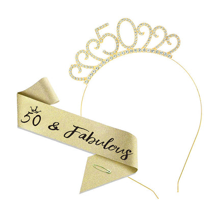 50th Birthday Girl Tiara Crown & Sash Set 50 & Fabulous Glitter Party Prop