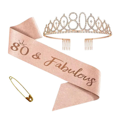 Ecomtwist 80th Birthday Sash & Tiara Set - Rose Gold “80 & Fabulous” Sash & Rhinestone Tiara - Perfect for 80th Birthday Gifts, Decorations, Crown, Headband, and Party Accessories for Women.