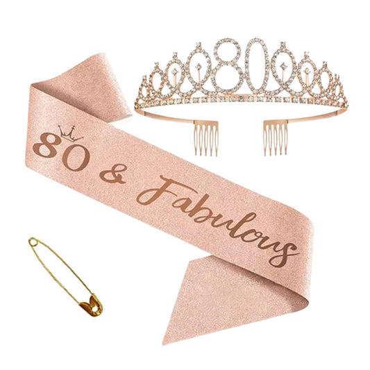 Ecomtwist 80th Birthday Sash & Tiara Set - Rose Gold “80 & Fabulous” Sash & Rhinestone Tiara - Perfect for 80th Birthday Gifts, Decorations, Crown, Headband, and Party Accessories for Women.