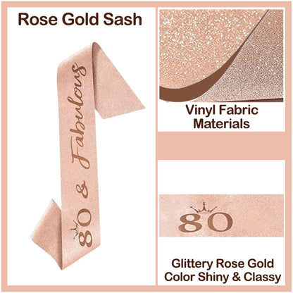 Ecomtwist 80th Birthday Sash & Tiara Set - Rose Gold “80 & Fabulous” Sash & Rhinestone Tiara - Perfect for 80th Birthday Gifts, Decorations, Crown, Headband, and Party Accessories for Women.