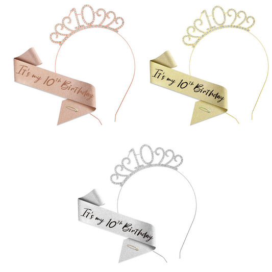 Girls 10th Birthday Tiara & Sash Set Glitter Crown Party Accessories