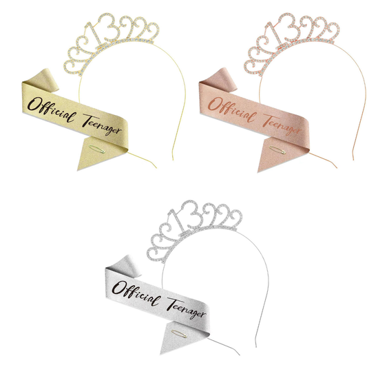 13th Birthday Girl Tiara Crown & Sash Set Official Teenager Party Headband Prop