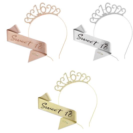 Sweet 16 Birthday Tiara Crown & Sash Set Girl Glitter Headband Party Prop Gift