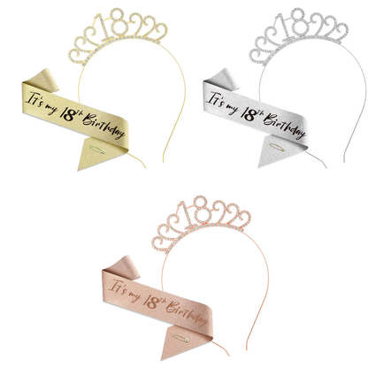 18th Birthday Girl Tiara Crown & Sash Set Glitter Headband Party Gift Prop