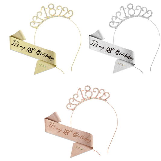 18th Birthday Girl Tiara Crown & Sash Set Glitter Headband Party Gift Prop