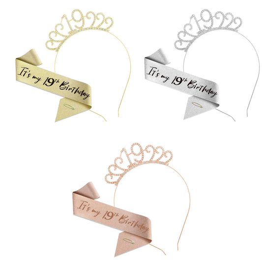 19th Birthday Girl Tiara Crown & Sash Set Glitter Headband Party Gift Prop