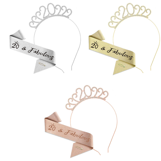 20th Birthday Girl Tiara Crown & Sash Set 20 & Fabulous Headband Gift Prop