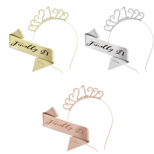 21st Birthday Girl Tiara Crown & Sash Set Finally 21 Glitter Party Gift Prop
