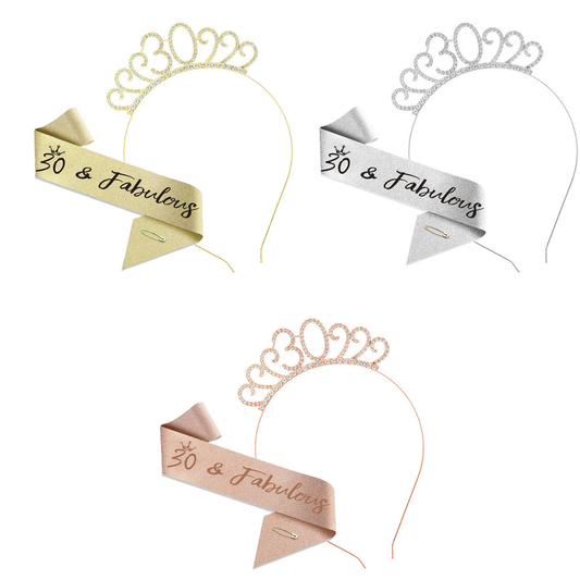 30th Birthday Girl Tiara Crown & Sash Set 30 & Fabulous Glitter Party Prop