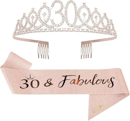 30Th Birthday Sash Tiara Crown Rose Gold Headband Girls 18/30/40/50/60