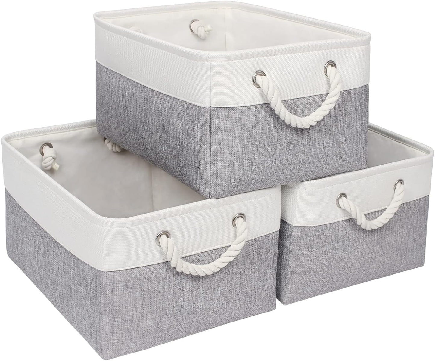 Storage Basket for Shelves [3-Pack], Storage Boxes with Handles, Large Fabric Storage Bins for Organizing Home and Office, White & Grey