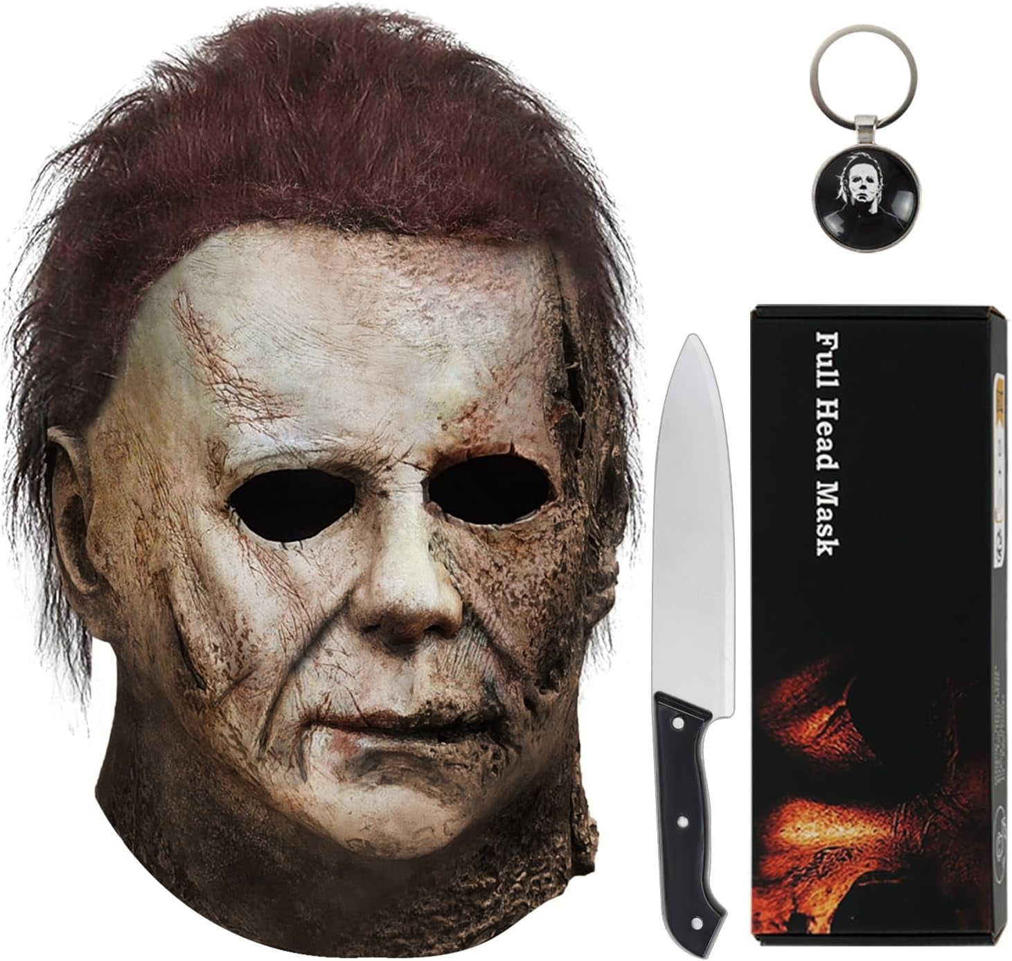 Michael Myers Mask for Adults, Original Micheal Myers Face - Halloween 1978, Full Head Mask Halloween Horror Face Headgear Latex Rubber with Hair, Includes Knife and Keychain