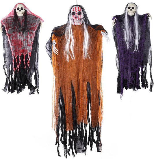 Halloween Hanging Ghost Decorations Outdoor Indoor, Animated Scary Grim Reaper Skeleton Decorations, Creepy Skull Ghost for Party outside Yard Porch Haunted House