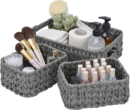 Storage Baskets, Pack of 3 Wicker Baskets for Storage, 1 Large Wicker Storage Box and 2 Small Wicker Baskets Waterproof, Bathroom Counter Storage, Toilet Basket Tank Topper, Grey