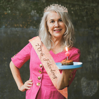 Ecomtwist 70th Birthday Sash & Tiara Set - Rose Gold 70 & Fabulous Sash & Rhinestone Tiara - Perfect for 70th Birthday Gifts, Decorations, Crown, Headband, and Party Accessories for Women.