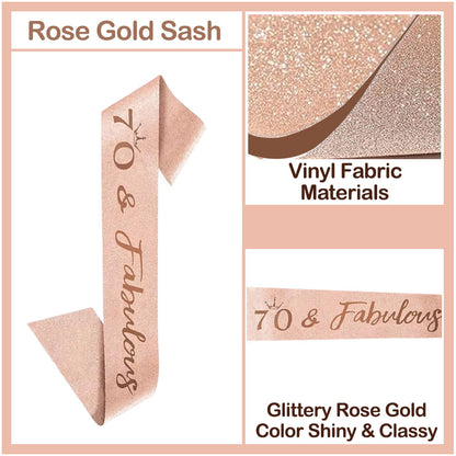 Ecomtwist 70th Birthday Sash & Tiara Set - Rose Gold 70 & Fabulous Sash & Rhinestone Tiara - Perfect for 70th Birthday Gifts, Decorations, Crown, Headband, and Party Accessories for Women.