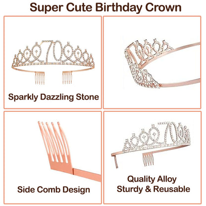 Ecomtwist 70th Birthday Sash & Tiara Set - Rose Gold 70 & Fabulous Sash & Rhinestone Tiara - Perfect for 70th Birthday Gifts, Decorations, Crown, Headband, and Party Accessories for Women.