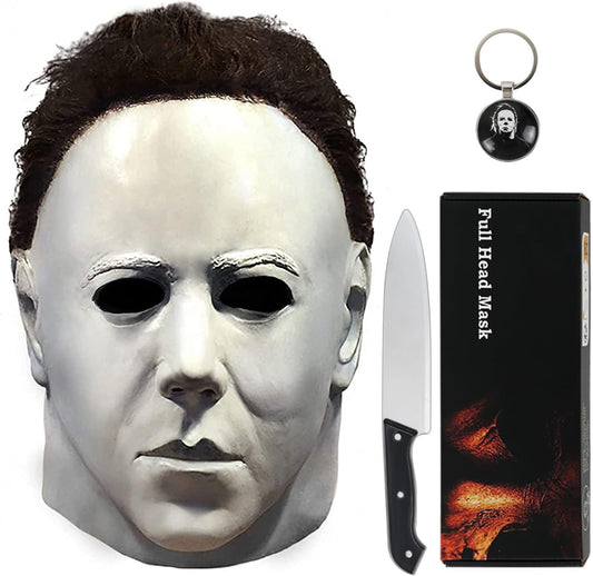  Michael Myers Mask for Adults, Original Micheal Myers Face - Halloween 1978, Full Head Mask Halloween Horror Face Headgear Latex Rubber with Hair, Includes Knife and Keychain