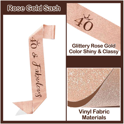 Ecomtwist 40th Birthday Sash & Tiara Set - Rose Gold 40 & Fabulous Sash & Rhinestone Tiara - Perfect for 40th Birthday Gifts, Decorations, Crown, Headband, and Party Accessories for Women.