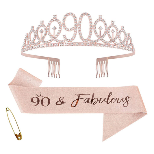Ecomtwist 90th Birthday Sash & Tiara Set - Rose Gold “90 & Fabulous” Sash & Rhinestone Tiara - Perfect for 90th Birthday Gifts, Decorations, Crown, Headband, and Party Accessories for Women.