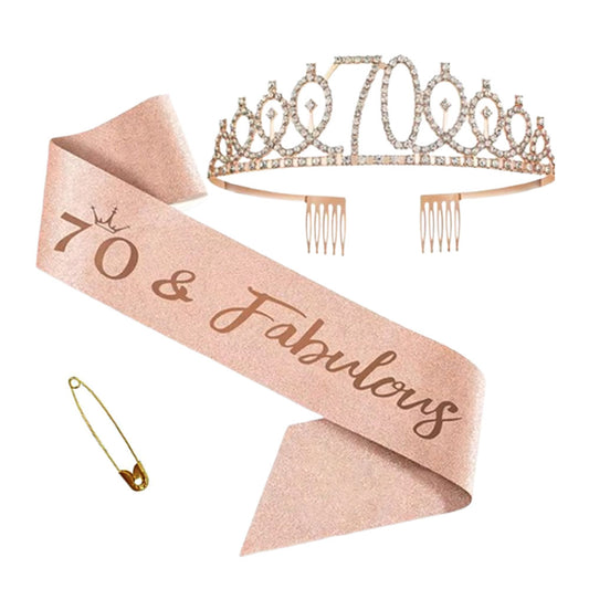 Ecomtwist 70th Birthday Sash & Tiara Set - Rose Gold 70 & Fabulous Sash & Rhinestone Tiara - Perfect for 70th Birthday Gifts, Decorations, Crown, Headband, and Party Accessories for Women.