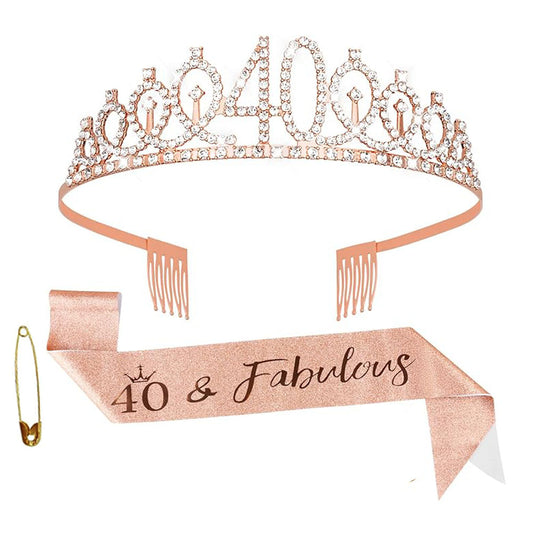 Ecomtwist 40th Birthday Sash & Tiara Set - Rose Gold 40 & Fabulous Sash & Rhinestone Tiara - Perfect for 40th Birthday Gifts, Decorations, Crown, Headband, and Party Accessories for Women.