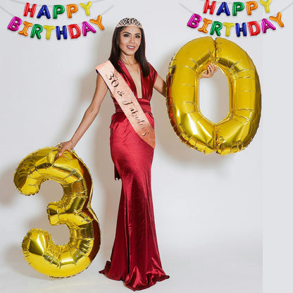 Ecomtwist 30th Birthday Sash & Tiara Set - Elegant Rose Gold Glitter Sash with "30 and Fabulous" Text and Sparkling Rhinestone Tiara - Celebrating Her Milestone 30th Birthday Gifts for Women