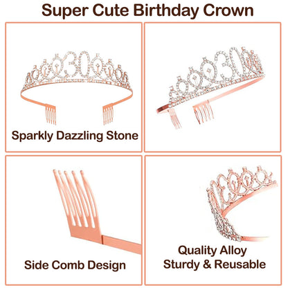 Ecomtwist 30th Birthday Sash & Tiara Set - Elegant Rose Gold Glitter Sash with "30 and Fabulous" Text and Sparkling Rhinestone Tiara - Celebrating Her Milestone 30th Birthday Gifts for Women