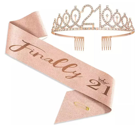 Ecomtwist 21st Birthday Sash & Tiara Set - Rose Gold “21 and Fabulous” Sash & Rhinestone Tiara - Perfect for 21st Birthday Gifts, Decorations, and Party Accessories