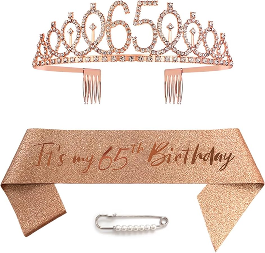 65Th Birthday Sash Tiara and Crowns for Girls, Birthday Queen Rose Gold Tiara, P