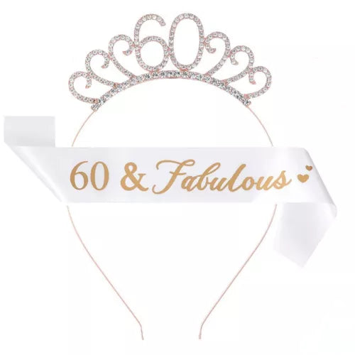 60th Birthday Sash and Birthday Crown Crystal Tiara for Women Rose Gold Etwist