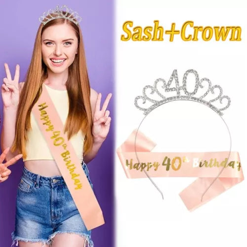 Happy Birthday Silver Tiara Headband Rose Gold Sash 18/30/40/50/60th Girls Crown