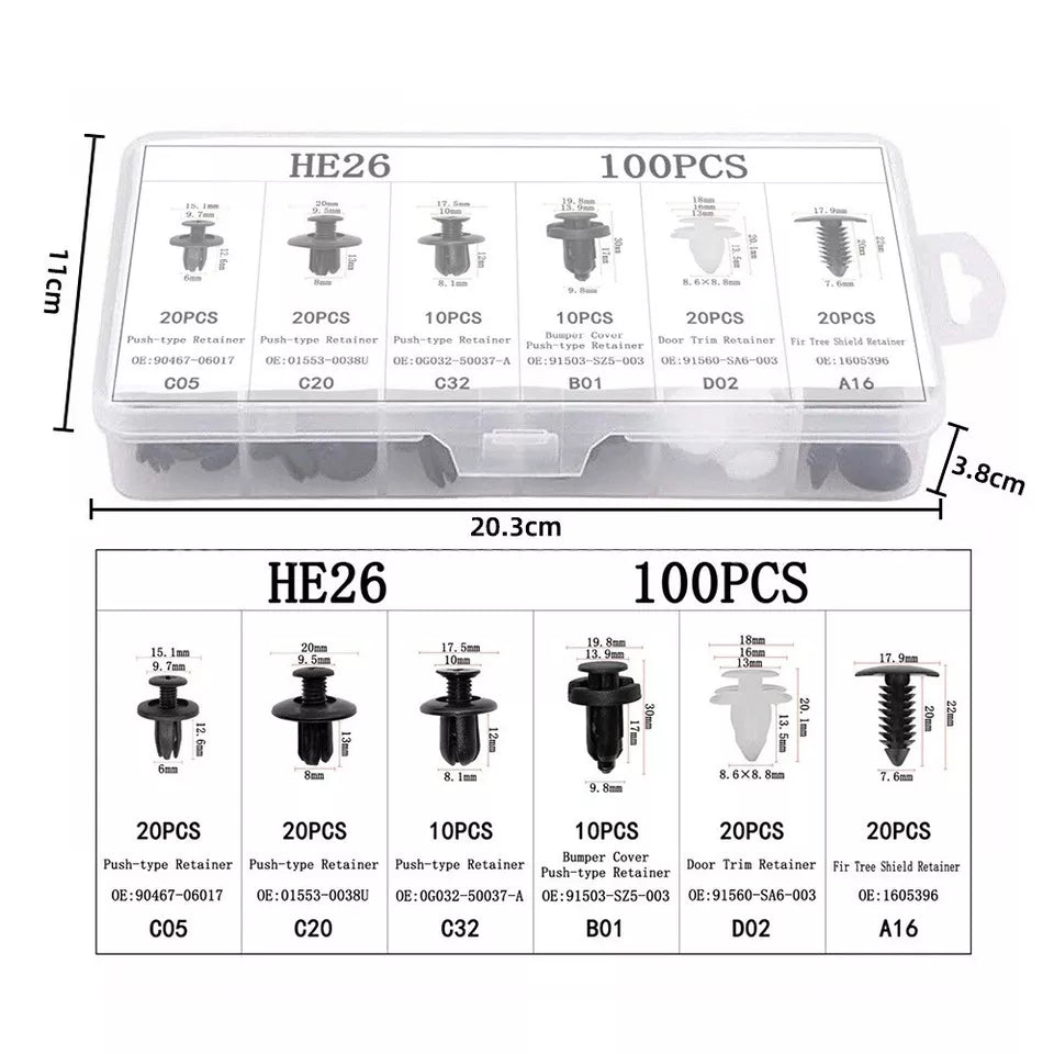 100Pcs Car Trim Clips Pins Retainers Rivet Panel Fasteners Bumper Removal Tools