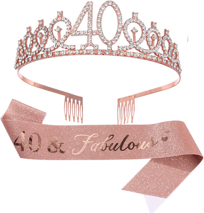 Colorful Birthday Sash and Tiara Rhinestone Crown Headband for Birthday Party Su